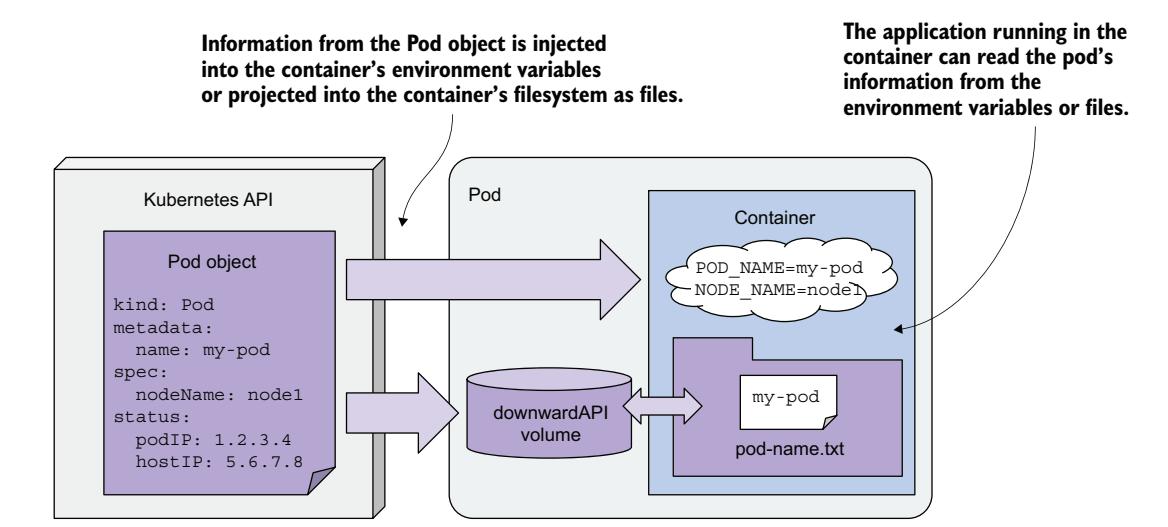 图 8.5 Downward API 通过环境变量或文件暴露 Pod 元数据