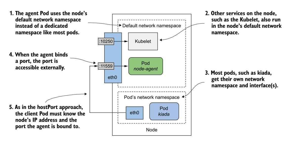 图 17.6 使用主机节点的网络命名空间暴露守护 Pod